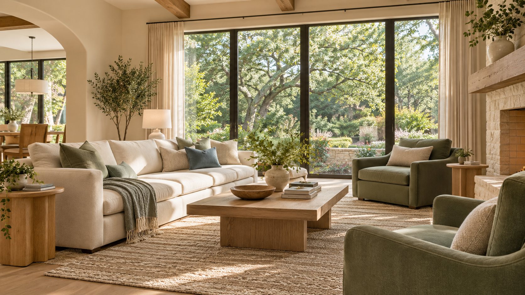 Illustration: Wide welcoming contemporary Texas residential lounge, cream sofa, sage green chairs, oak tables, windows overlooking leafy garden, spacious calm composition suitable for dark text overlay