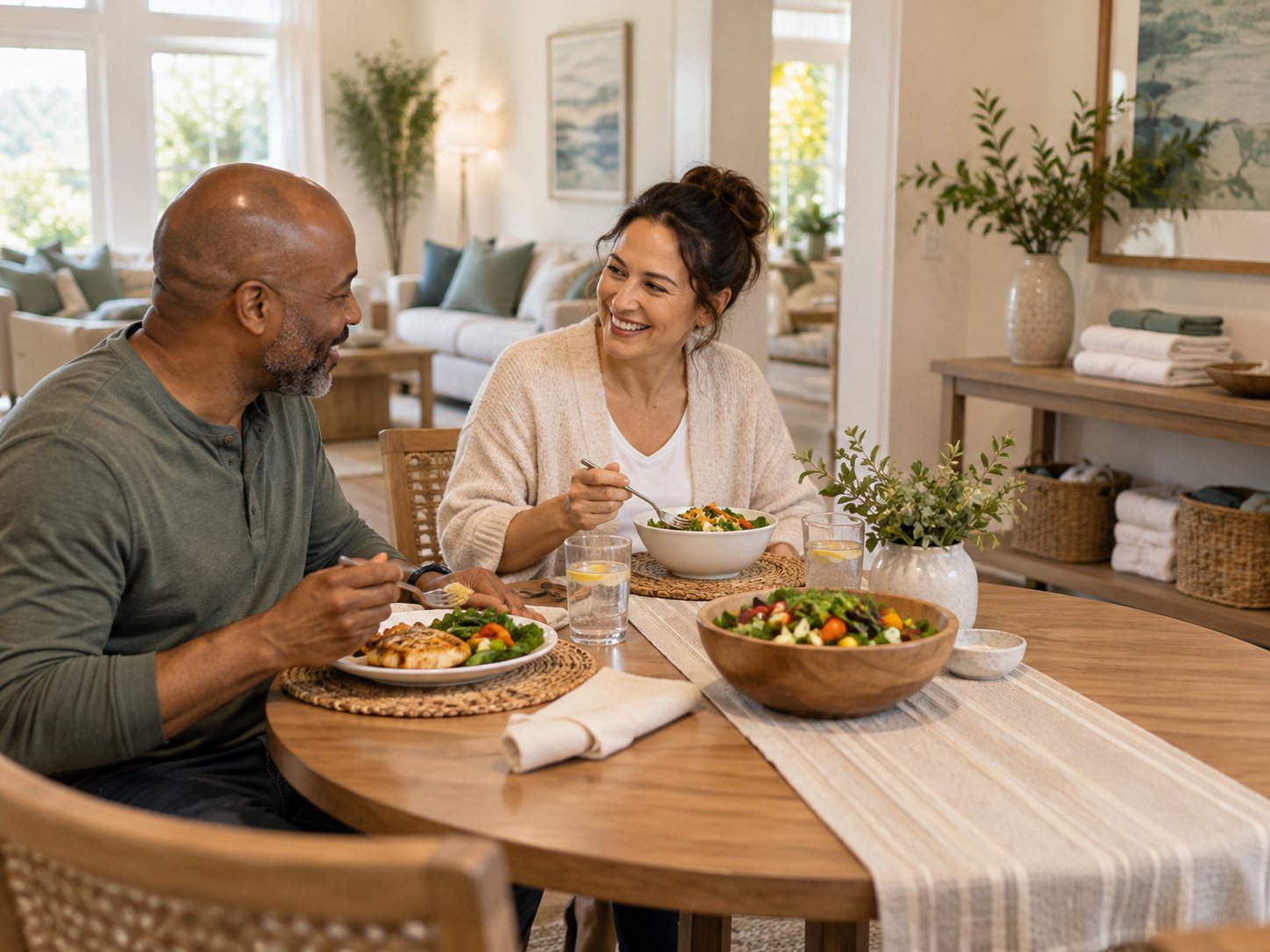 Illustration: Bright residential dining nook with a fresh balanced meal, clean folded towels on a nearby console and comfortable seating