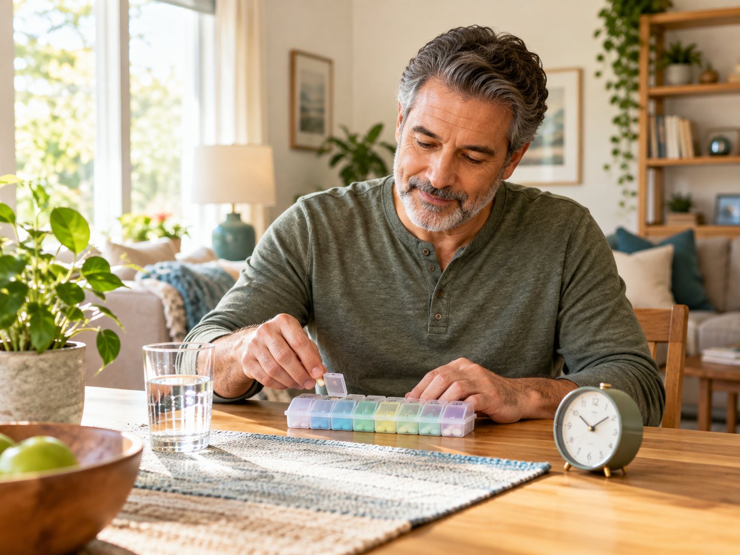 Illustration: Adult resident independently checking a simple medication organizer beside an unobtrusive alarm clock and water glass at a sunny home table; nonmedical daily routine, no staff dispensing medication