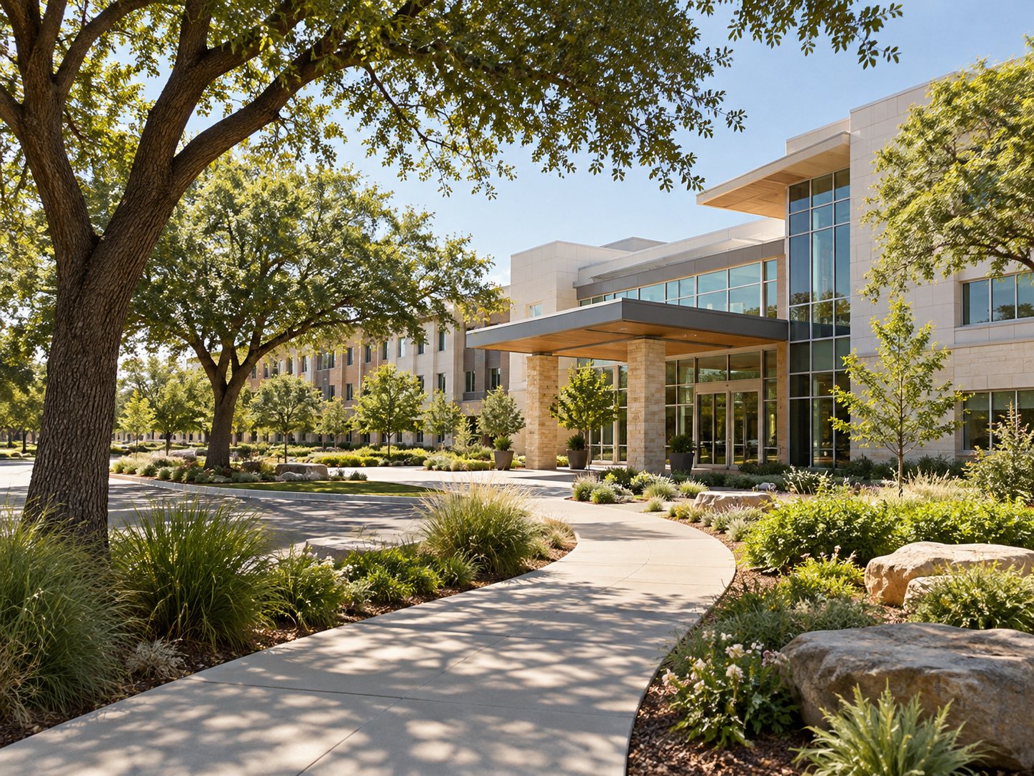 Illustration: Attractive generic contemporary medical campus exterior in a leafy North Texas neighborhood, accessible pedestrian path, no identifiable hospital branding