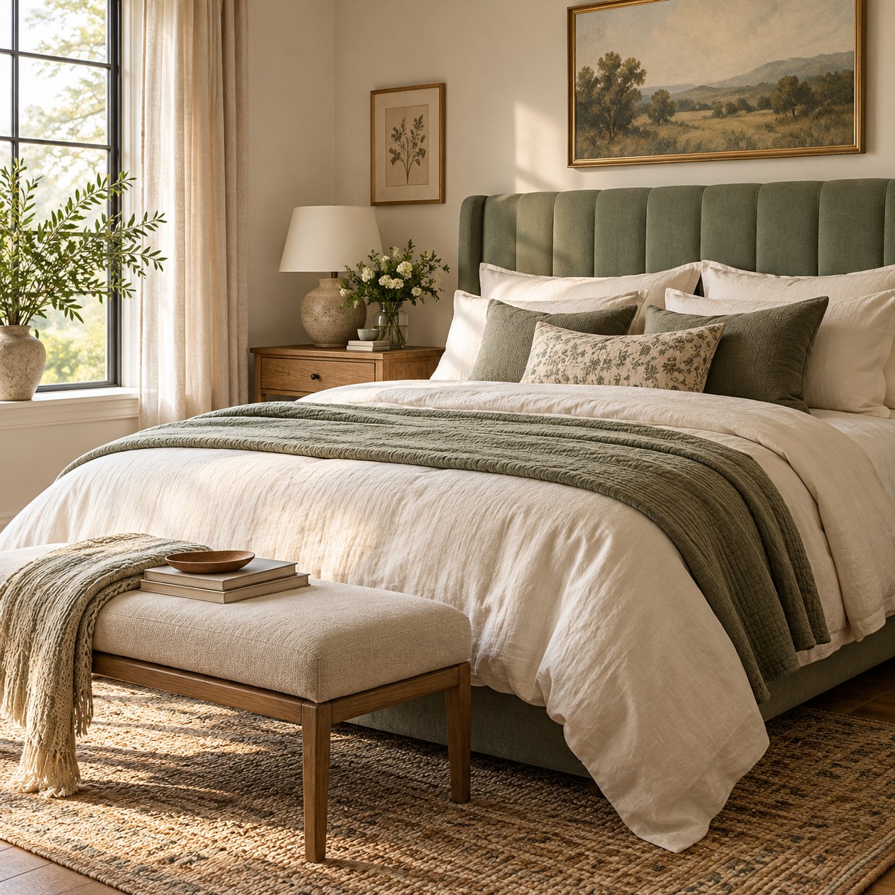 Illustration: Inviting furnished bedroom, upholstered sage headboard, ivory linen, oak nightstand, soft morning window light