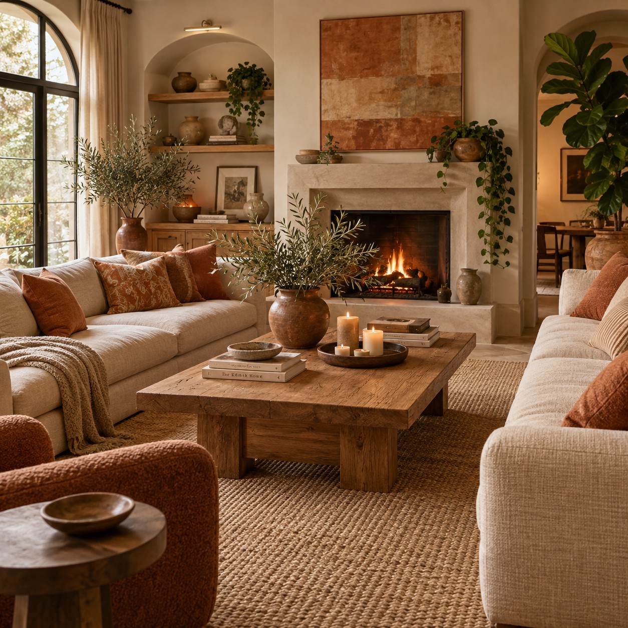 Illustration: Intimate communal living room with oatmeal sofas, terracotta cushions, oak coffee table and indoor plants