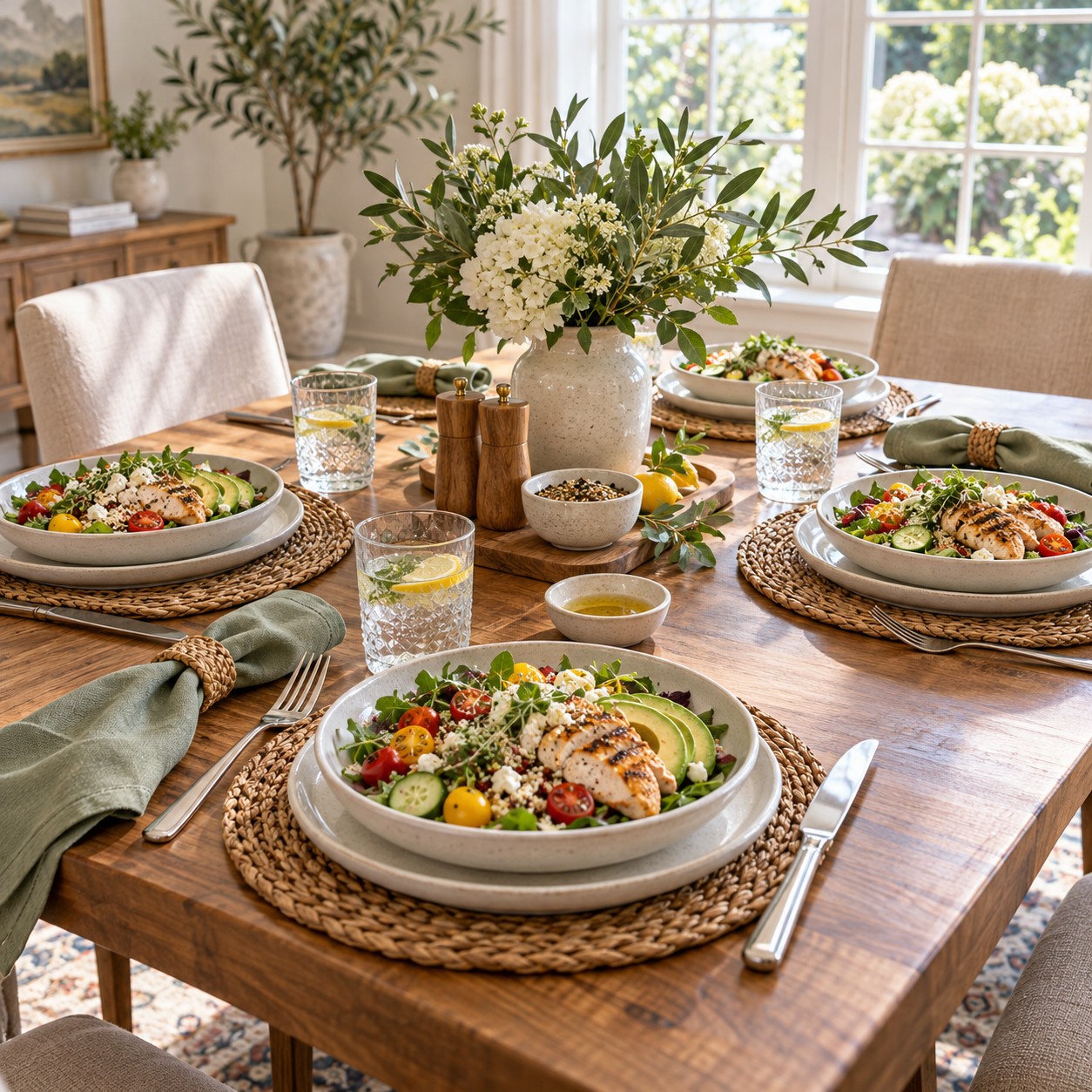 Illustration: Beautiful shared residential dining table set with fresh balanced lunches for four, sage napkins, bright window