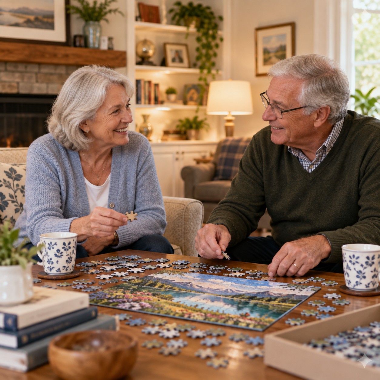 Illustration: Two mature adults enjoying friendly conversation over a puzzle in a welcoming home lounge, candid and dignified