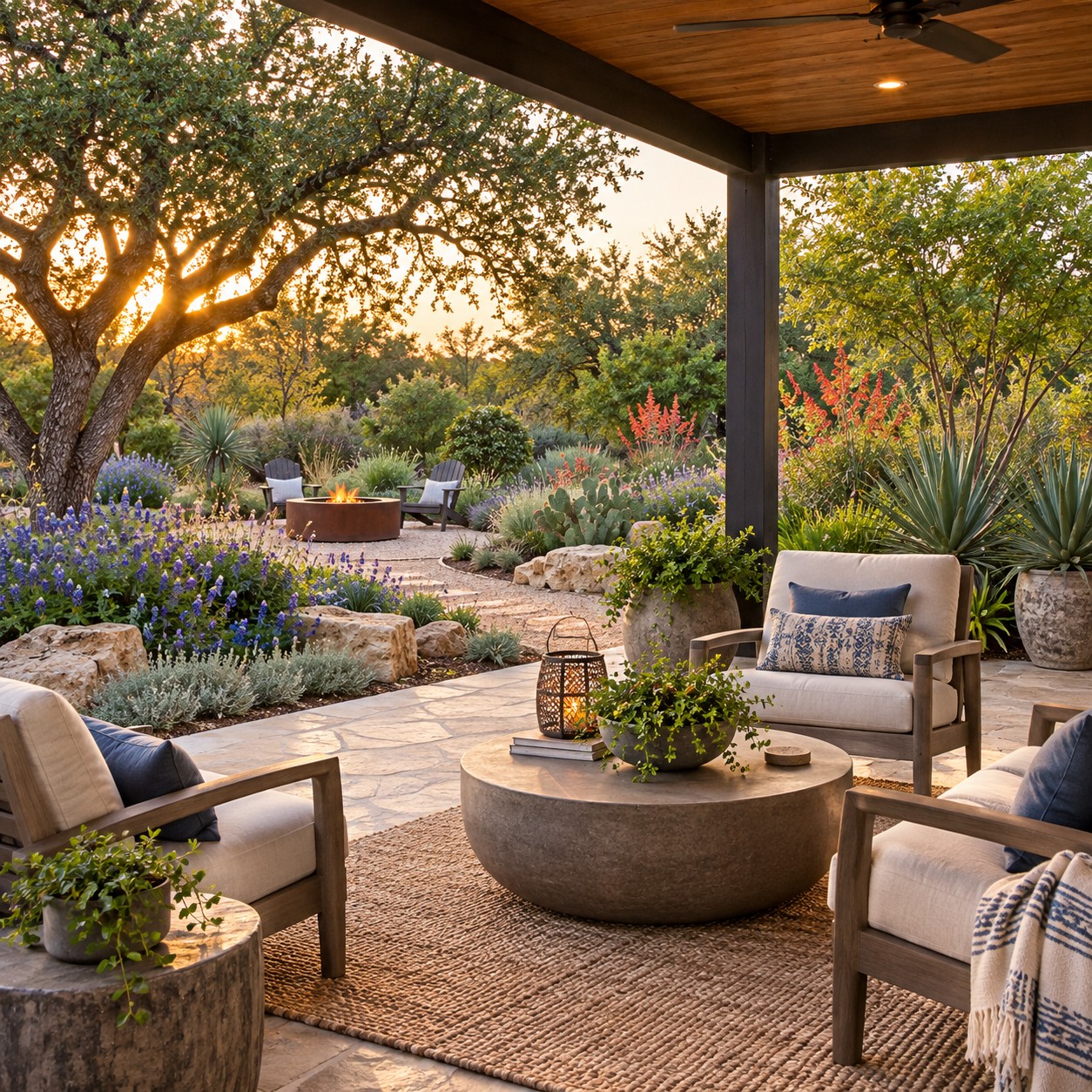 Illustration: Peaceful residential garden seating area with native Texas plants, covered patio and comfortable chairs, no building facade