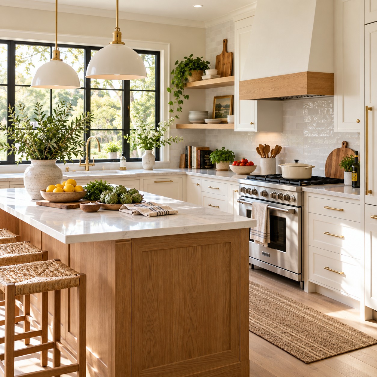 Illustration: Well organized contemporary residential kitchen, warm white cabinetry, oak accents, fresh produce and daylight