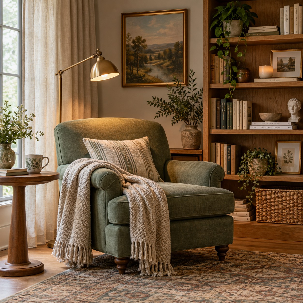 Illustration: Quiet reading corner with sage upholstered armchair, linen curtains, oak bookcase and warm task lamp