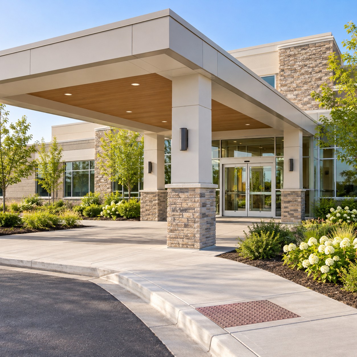 Illustration: Generic outpatient medical building entrance with covered walkway and landscaped planting beds, no signage