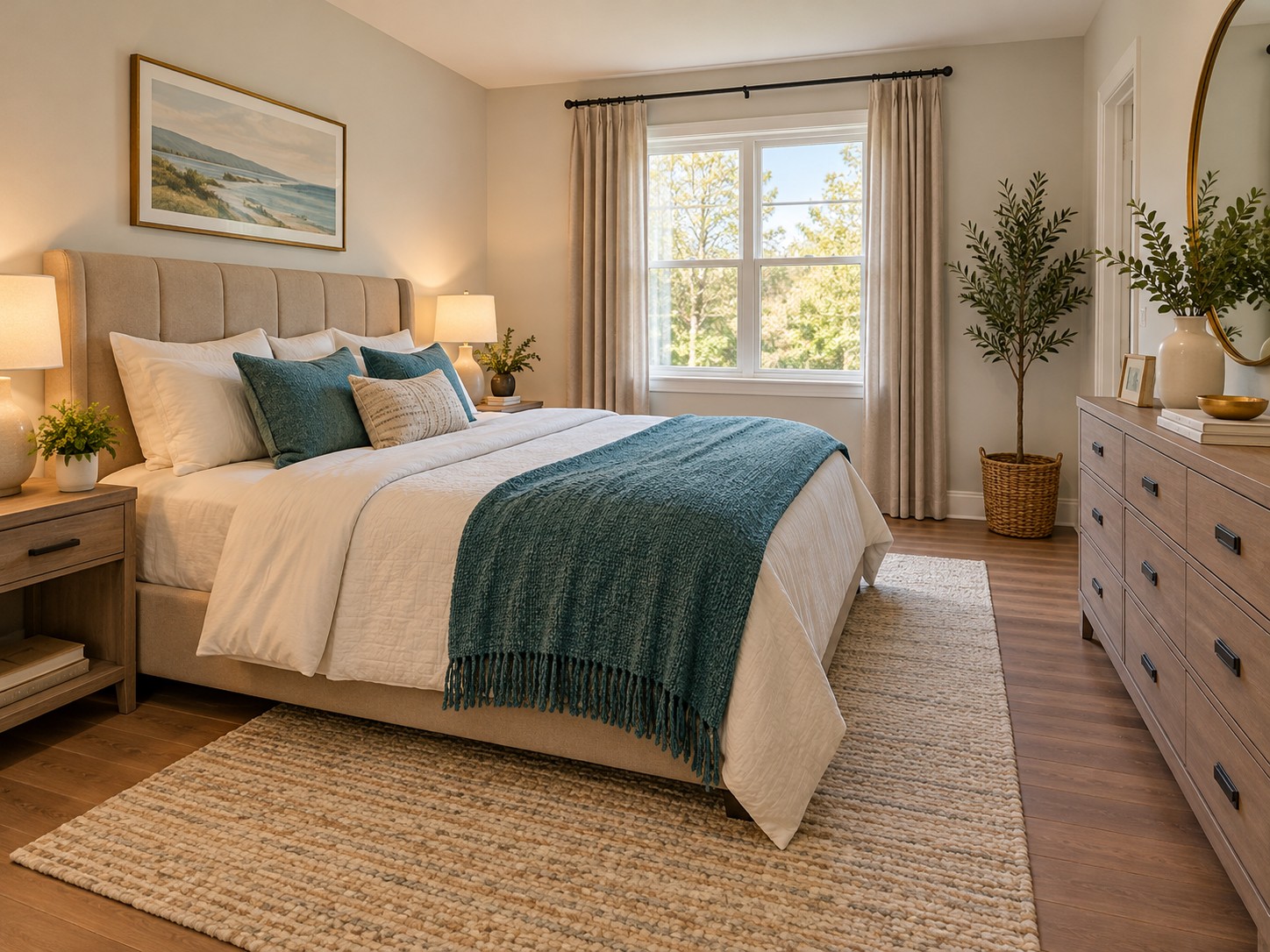 Illustration: Restful private furnished bedroom with warm sand headboard, teal throw, storage dresser, daylight and uncluttered walkway