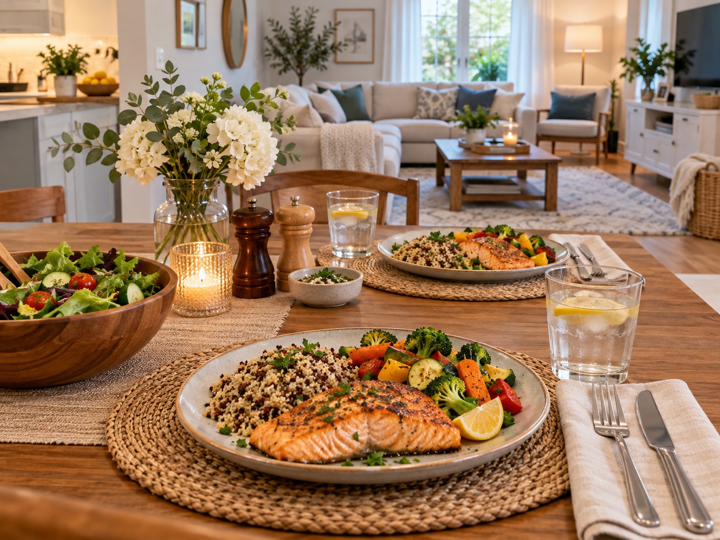 Illustration: Home dining table with wholesome plated dinner in foreground and neatly maintained light contemporary living space behind