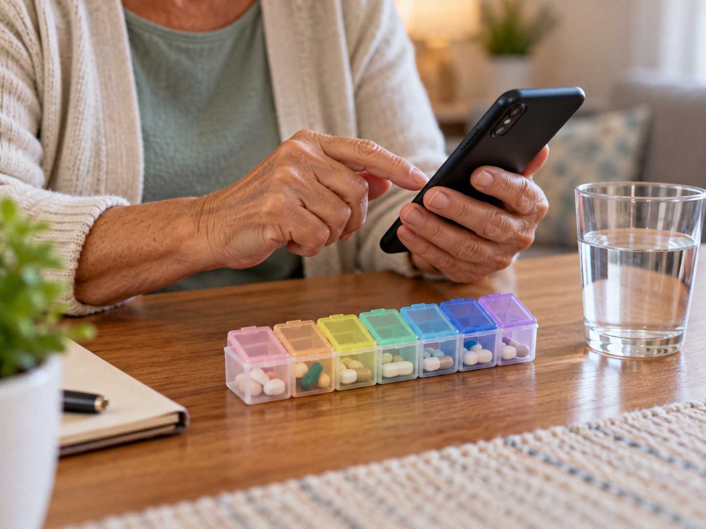 Illustration: Close editorial view of mature adult hands setting a phone reminder next to weekly pill organizer and glass of water, no readable text